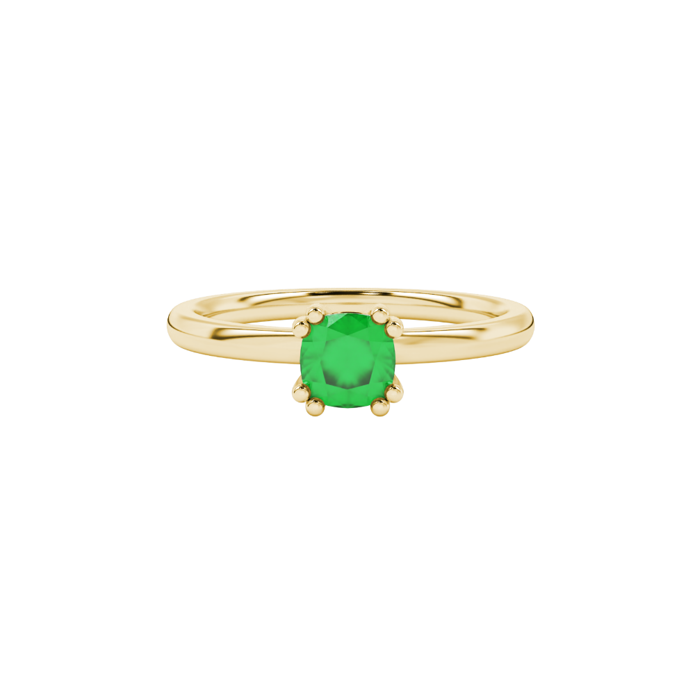 Green cushion cut solitaire gemstone ring in six-prong gold setting with slim stackable band