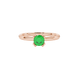 Green cushion cut solitaire gemstone ring in six-prong gold setting with slim stackable band