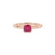 Red cushion cut solitaire gemstone ring in six-prong gold setting with slim stackable band