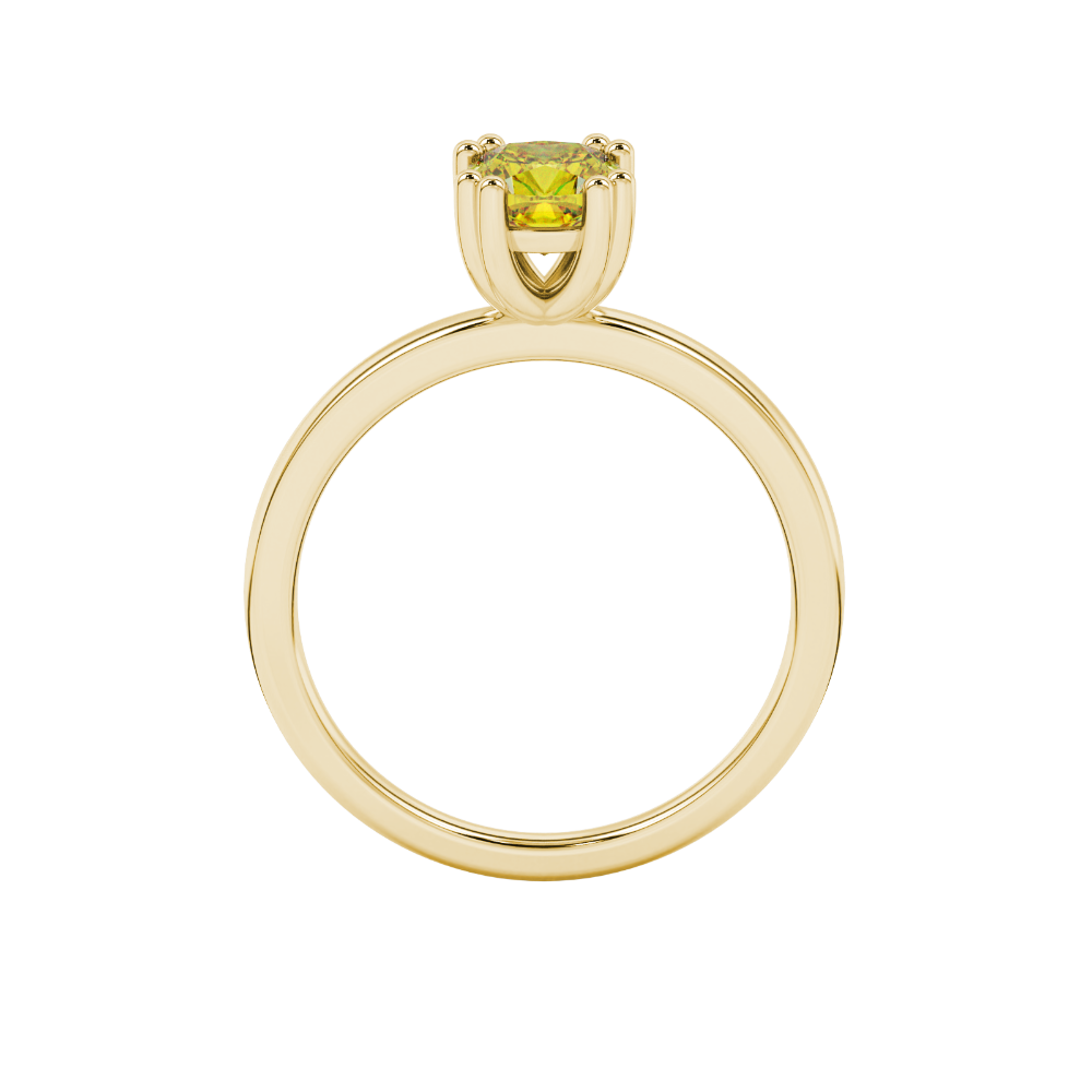 Yellow cushion cut solitaire gemstone ring in six-prong gold setting with slim stackable band
