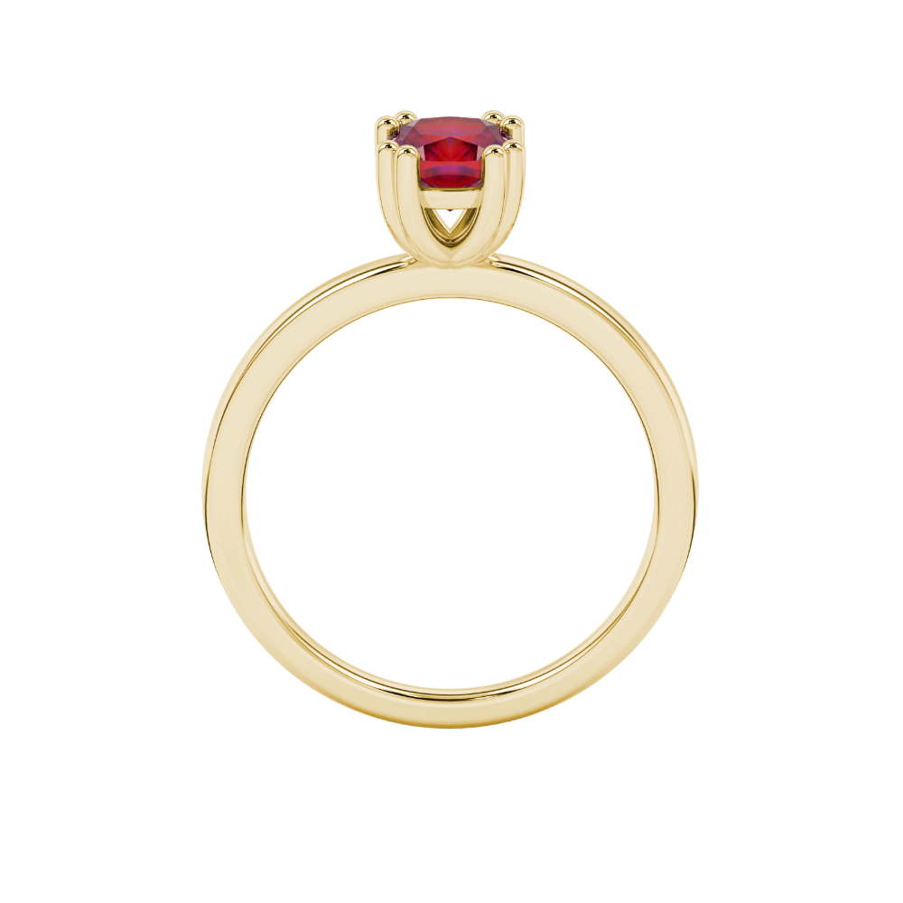 Red cushion cut solitaire gemstone ring in six-prong gold setting with slim stackable band