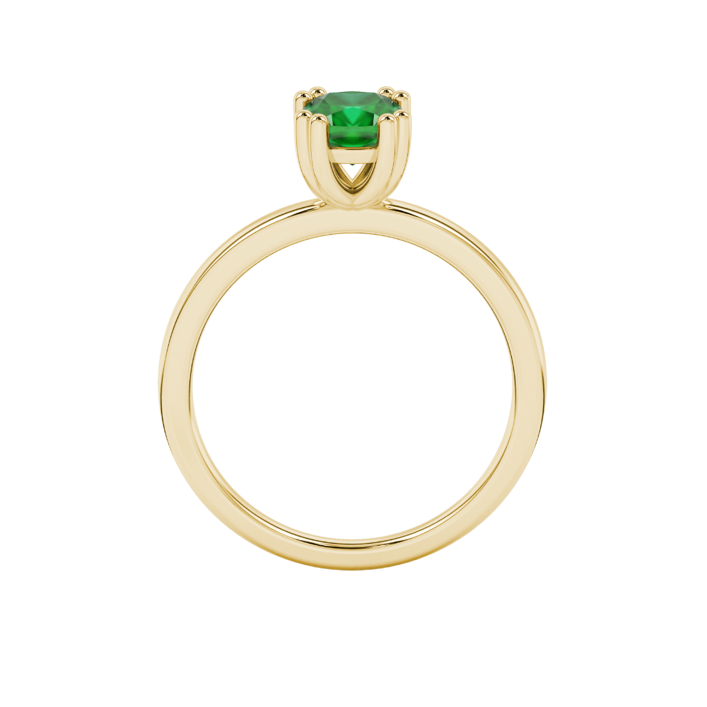 Green cushion cut solitaire gemstone ring in six-prong gold setting with slim stackable band