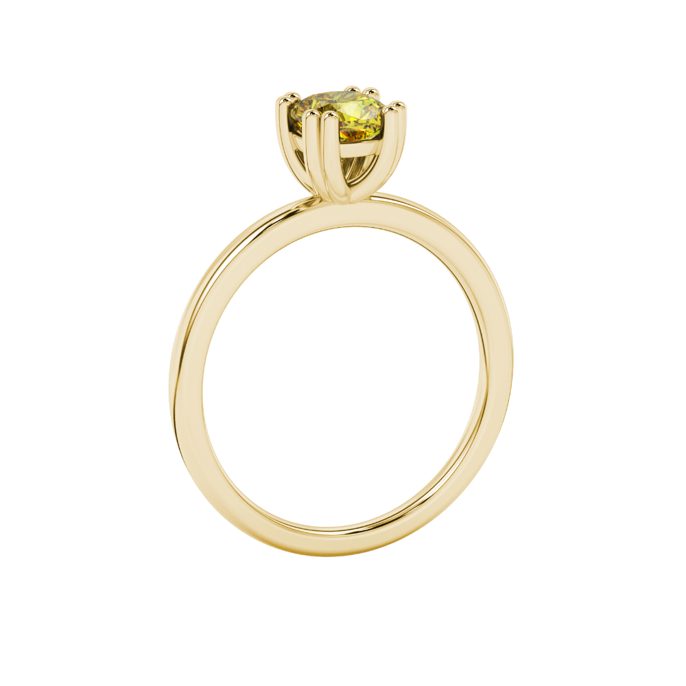 Yellow cushion cut solitaire gemstone ring in six-prong gold setting with slim stackable band