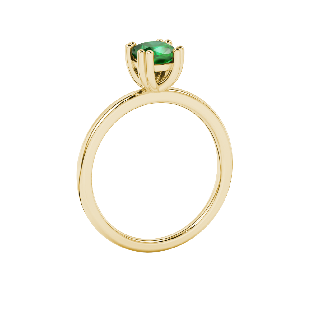 Green cushion cut solitaire gemstone ring in six-prong gold setting with slim stackable band