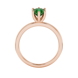 Radiant-cut emerald green gemstone solitaire ring in a rose gold six-prong setting.