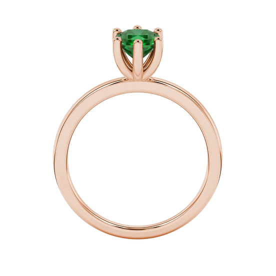 Radiant-cut emerald green gemstone solitaire ring in a rose gold six-prong setting.
