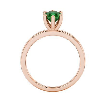 Radiant-cut emerald green gemstone solitaire ring in a rose gold six-prong setting.