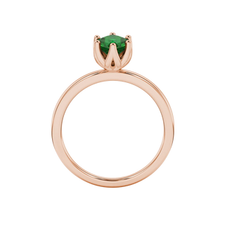 Radiant-cut emerald green gemstone solitaire ring in a rose gold scalloped six-prong setting.