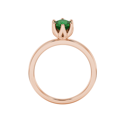Radiant-cut emerald green gemstone solitaire ring in a rose gold scalloped six-prong setting.