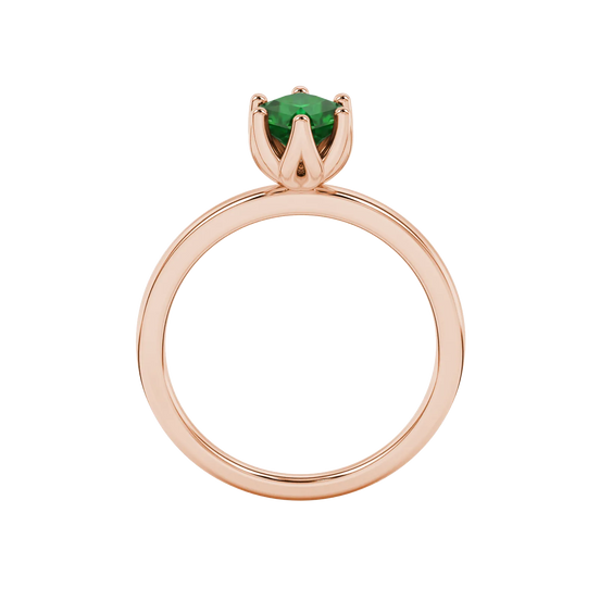 Radiant-cut emerald green gemstone solitaire ring in a rose gold scalloped six-prong setting.