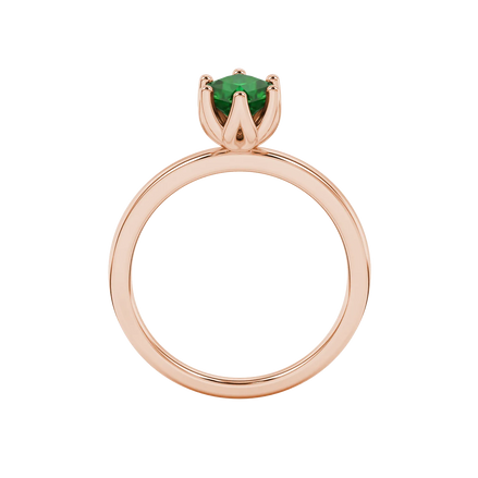 Radiant-cut emerald green gemstone solitaire ring in a rose gold scalloped six-prong setting.
