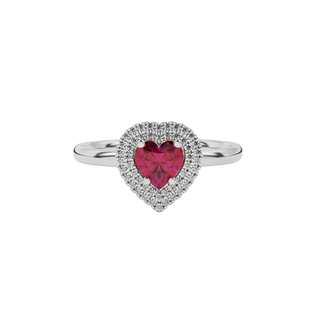 Raspberry Red heart cut gemstone double halo ring in white gold