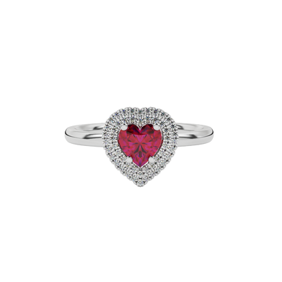 Raspberry Red heart cut gemstone double halo ring in white gold