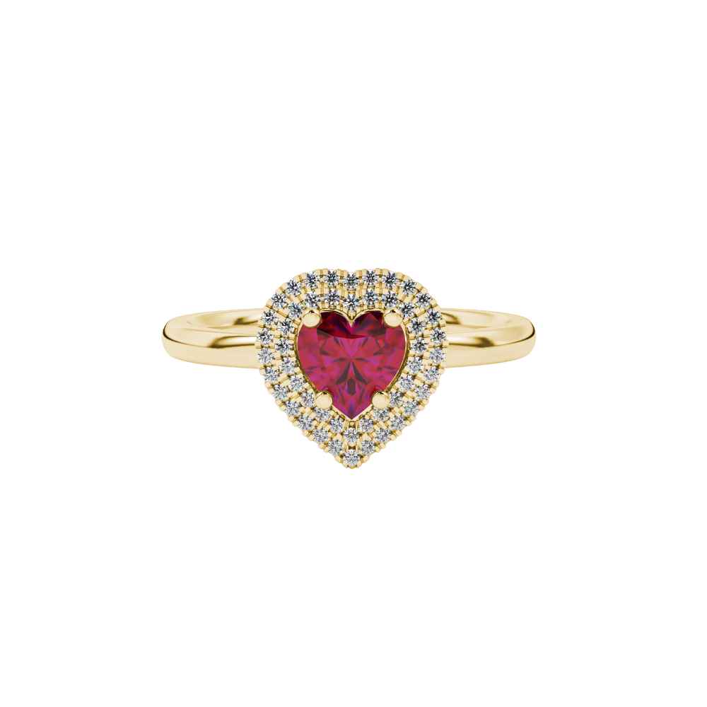 Raspberry Red heart cut gemstone double halo ring in yellow gold