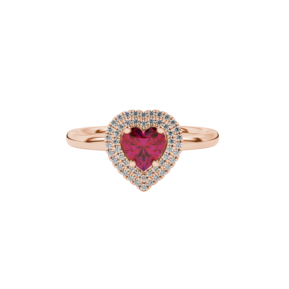 Raspberry Red heart cut gemstone double halo ring in yellow gold