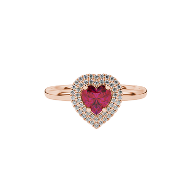 Raspberry Red heart cut gemstone double halo ring in yellow gold