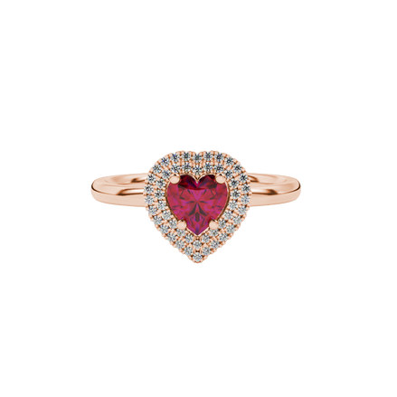 Raspberry Red heart cut gemstone double halo ring in yellow gold