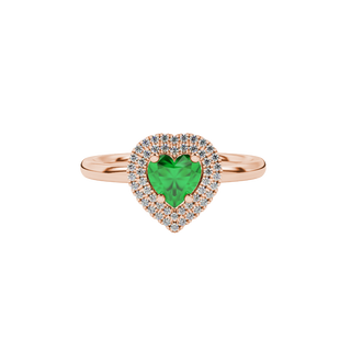 Emerald Green heart cut gemstone double halo ring in rose gold