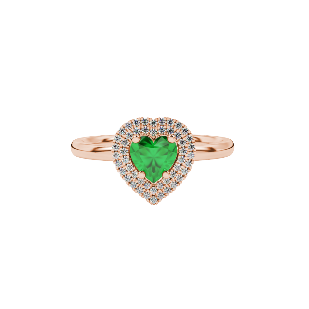 Emerald Green heart cut gemstone double halo ring in rose gold