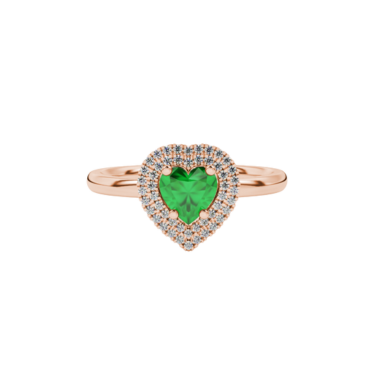 Emerald Green heart cut gemstone double halo ring in rose gold