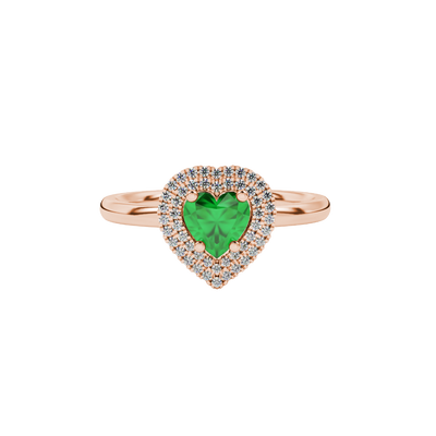 Emerald Green heart cut gemstone double halo ring in rose gold
