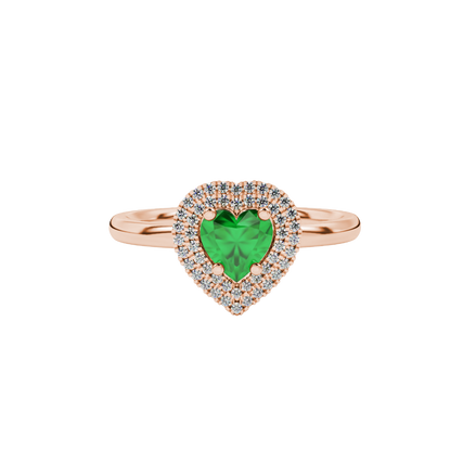 Emerald Green heart cut gemstone double halo ring in rose gold