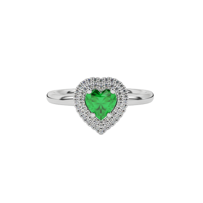 Emerald Green heart cut gemstone double halo ring in rose gold