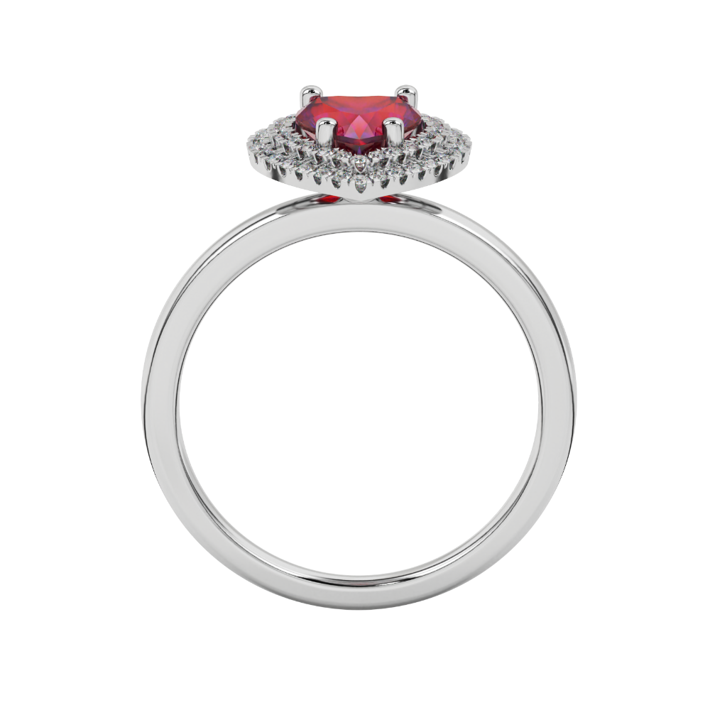 Raspberry Red heart cut gemstone double halo ring in yellow gold