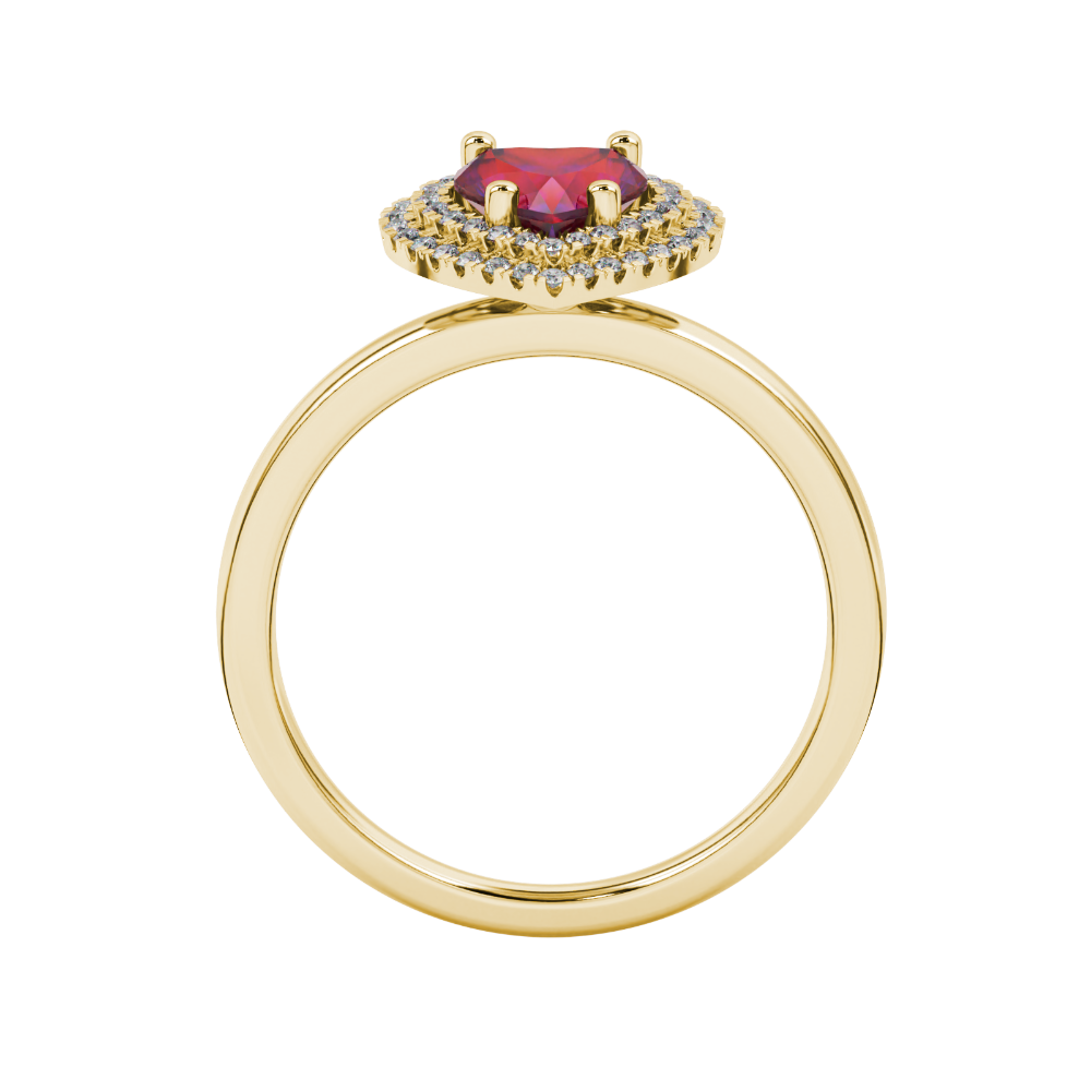 Raspberry Red heart cut gemstone double halo ring in yellow gold