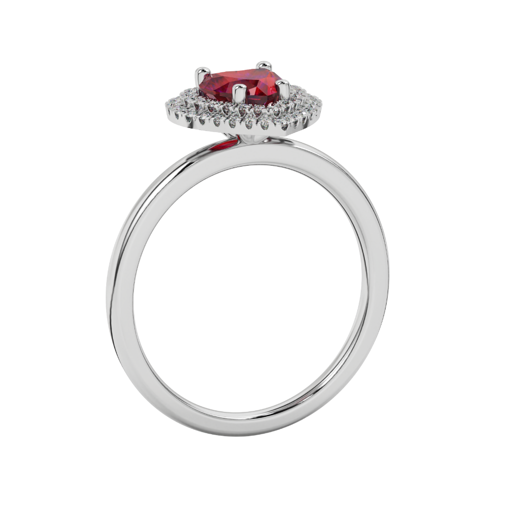 Raspberry Red heart cut gemstone double halo ring in yellow gold