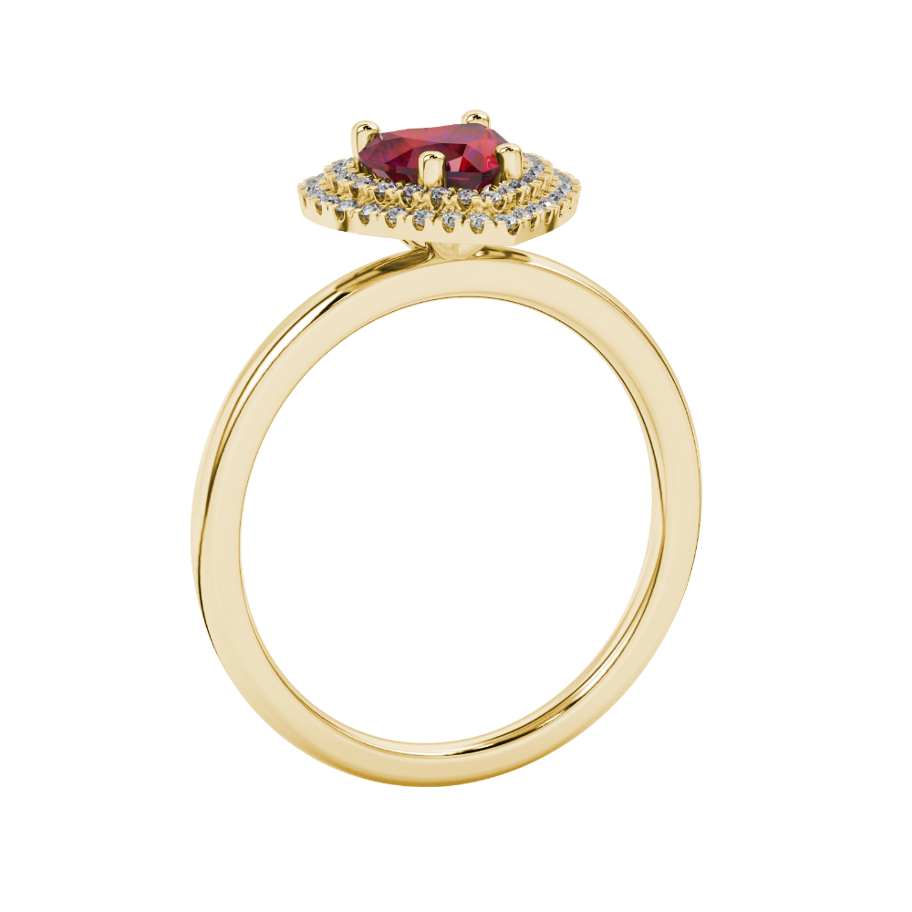 Raspberry Red heart cut gemstone double halo ring in yellow gold