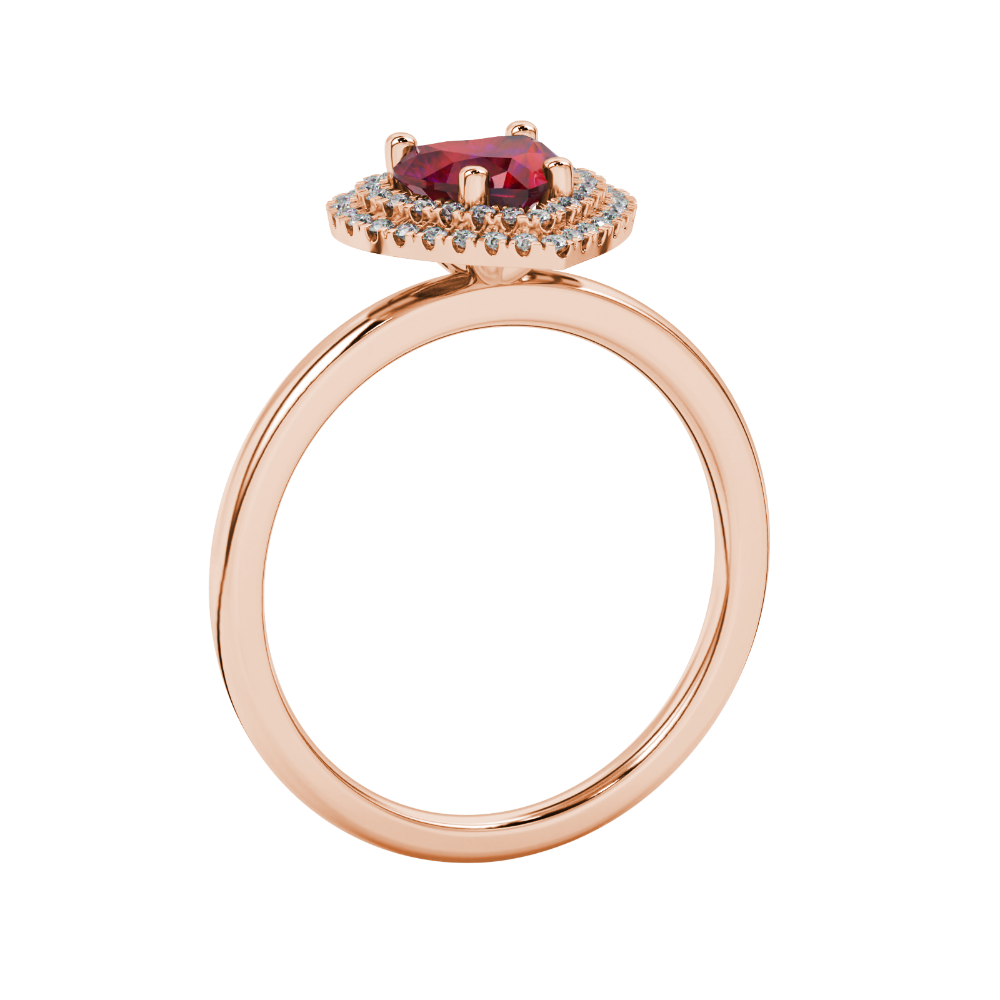 Raspberry Red heart cut gemstone double halo ring in yellow gold