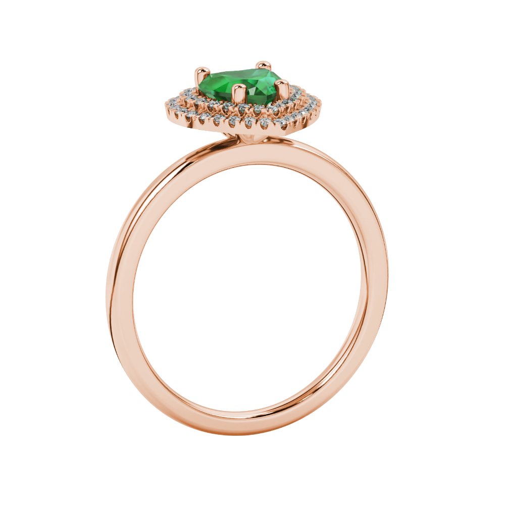 Emerald Green heart cut gemstone double halo ring in rose gold
