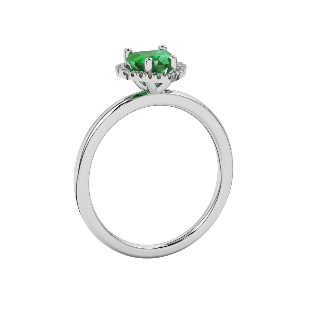 Side view of Emerald Green heart cut gemstone halo ring in white gold
