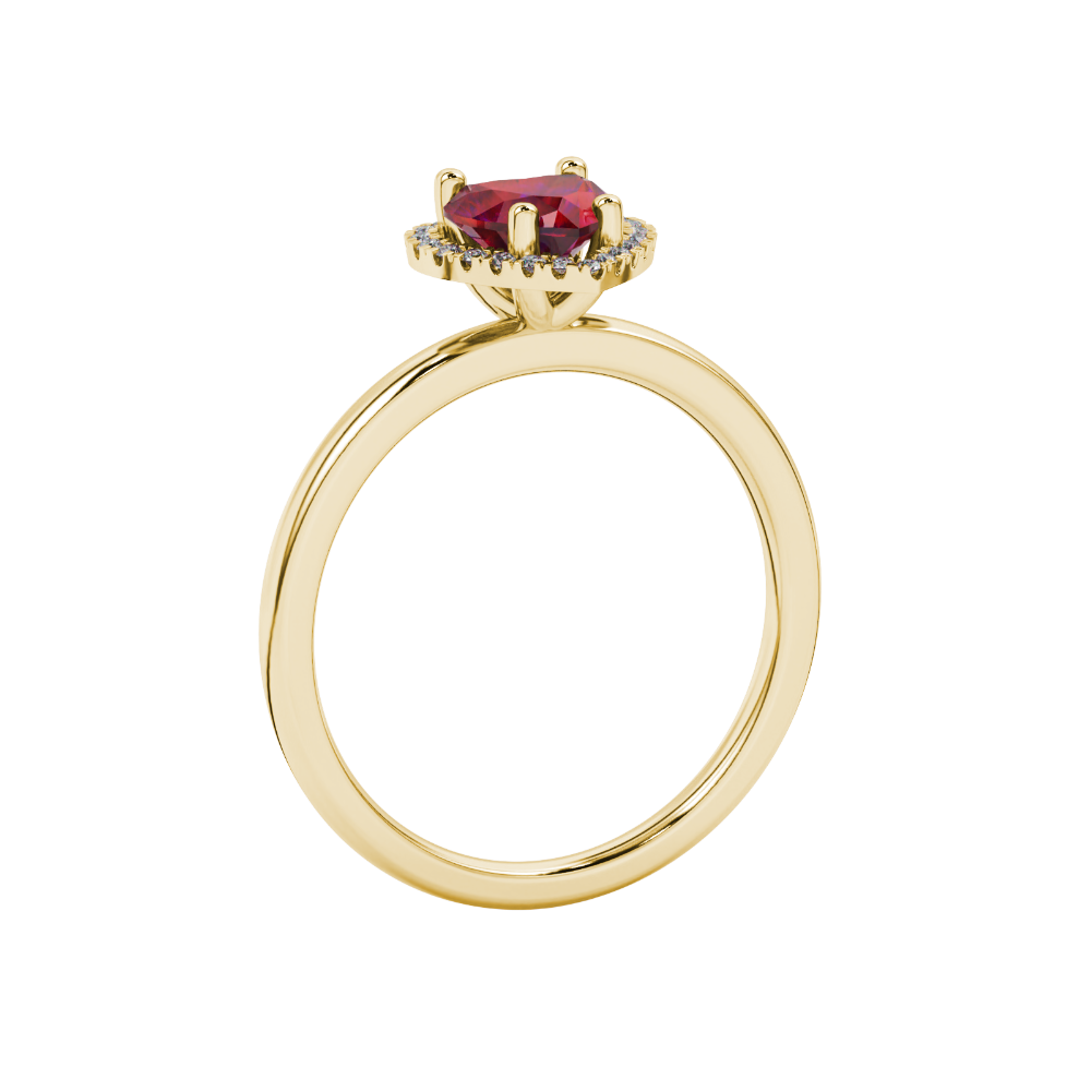 Side view of Raspberry Red heart cut gemstone halo ring in yellow gold
