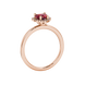 Side view of Raspberry Red heart cut gemstone halo ring in rose gold