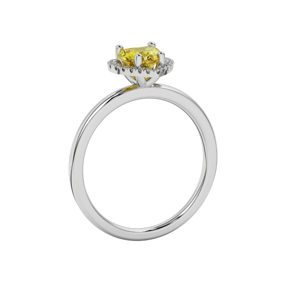 Side view of Canary Yellow heart cut gemstone halo ring in white gold