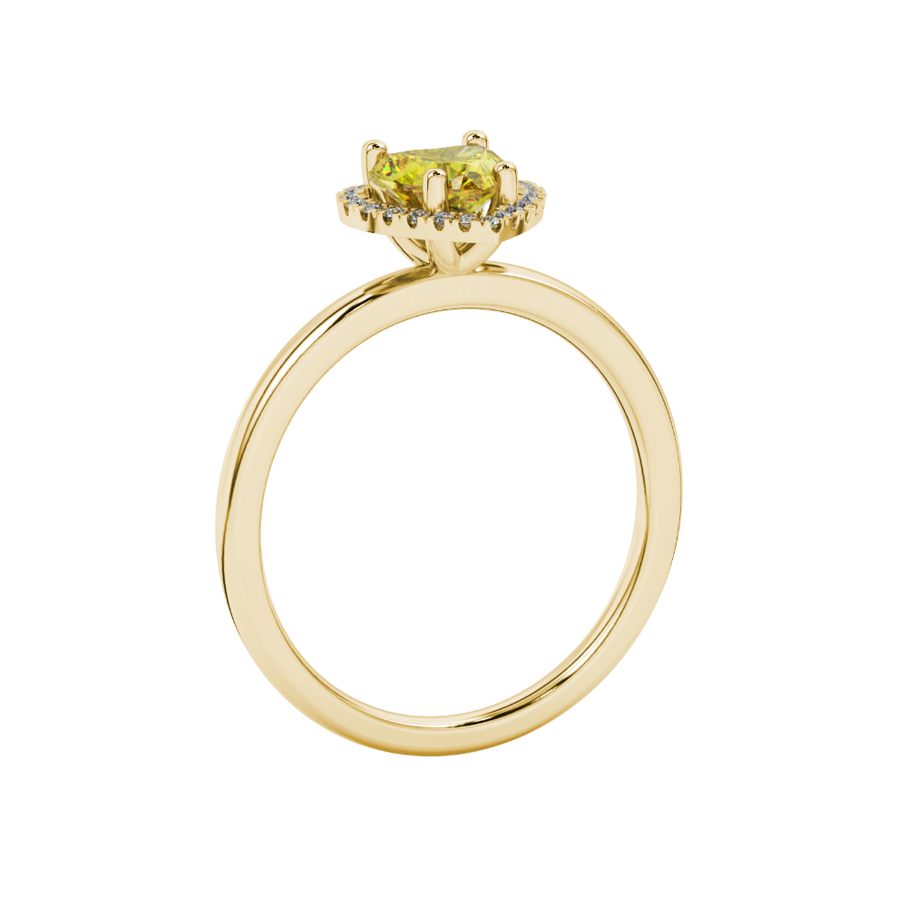 Side view of Canary Yellow heart cut gemstone halo ring in yellow gold