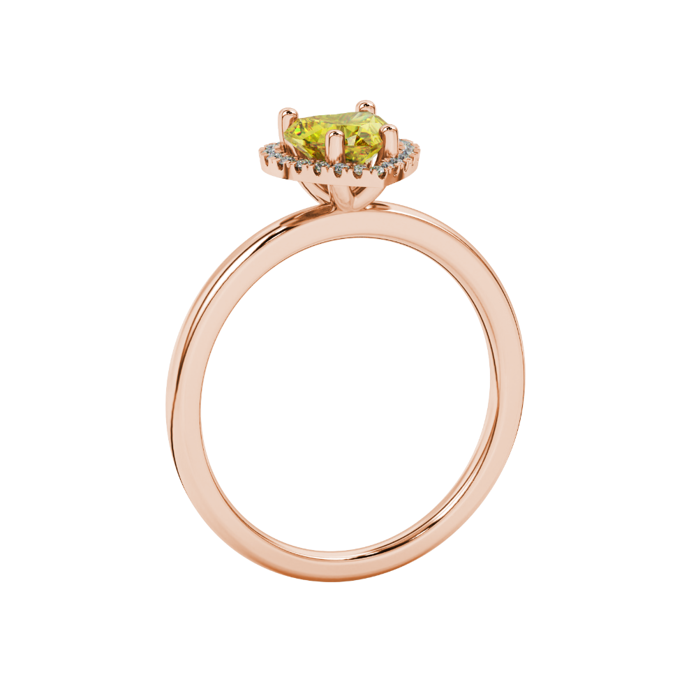 Side view of Canary Yellow heart cut gemstone halo ring in rose gold