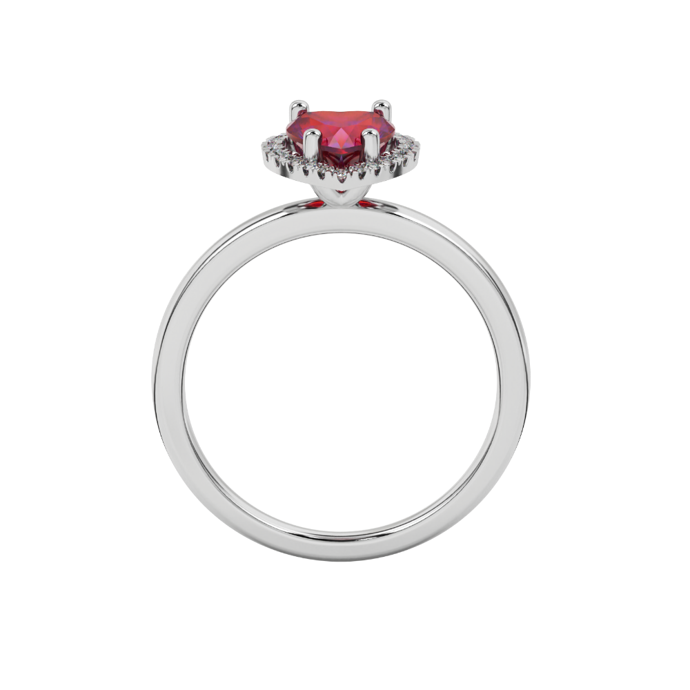 Raspberry Red heart cut gemstone halo ring in white gold