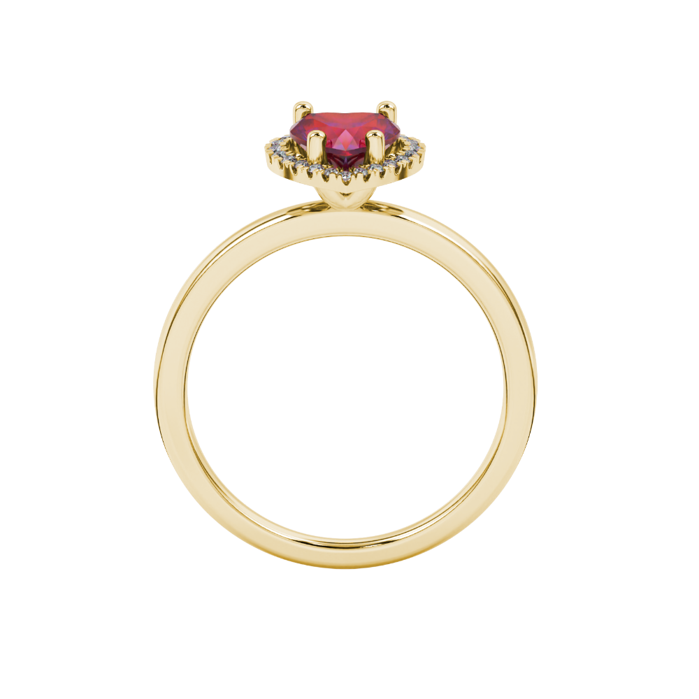 Raspberry Red heart cut gemstone halo ring in yellow gold