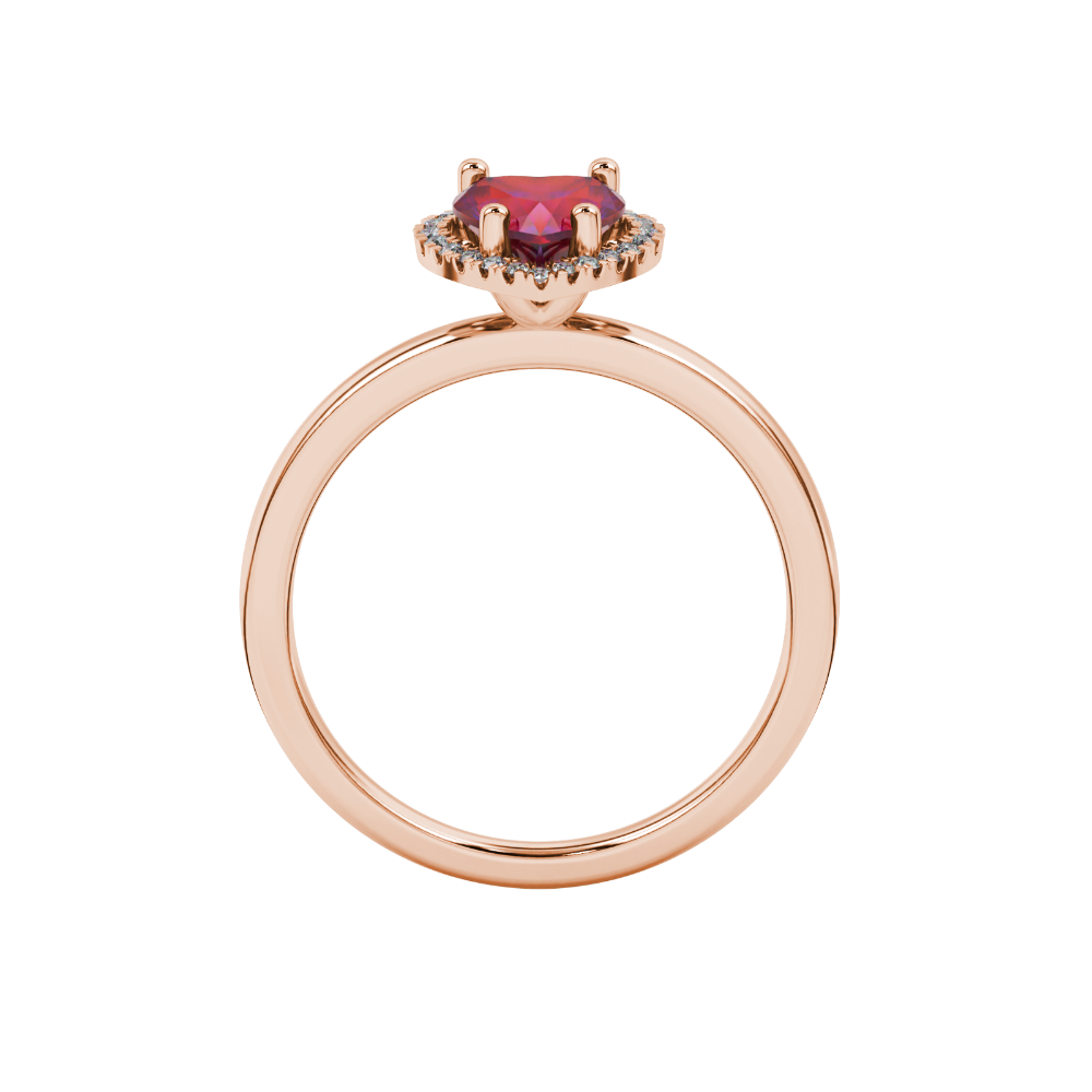 Raspberry Red heart cut gemstone halo ring in rose gold