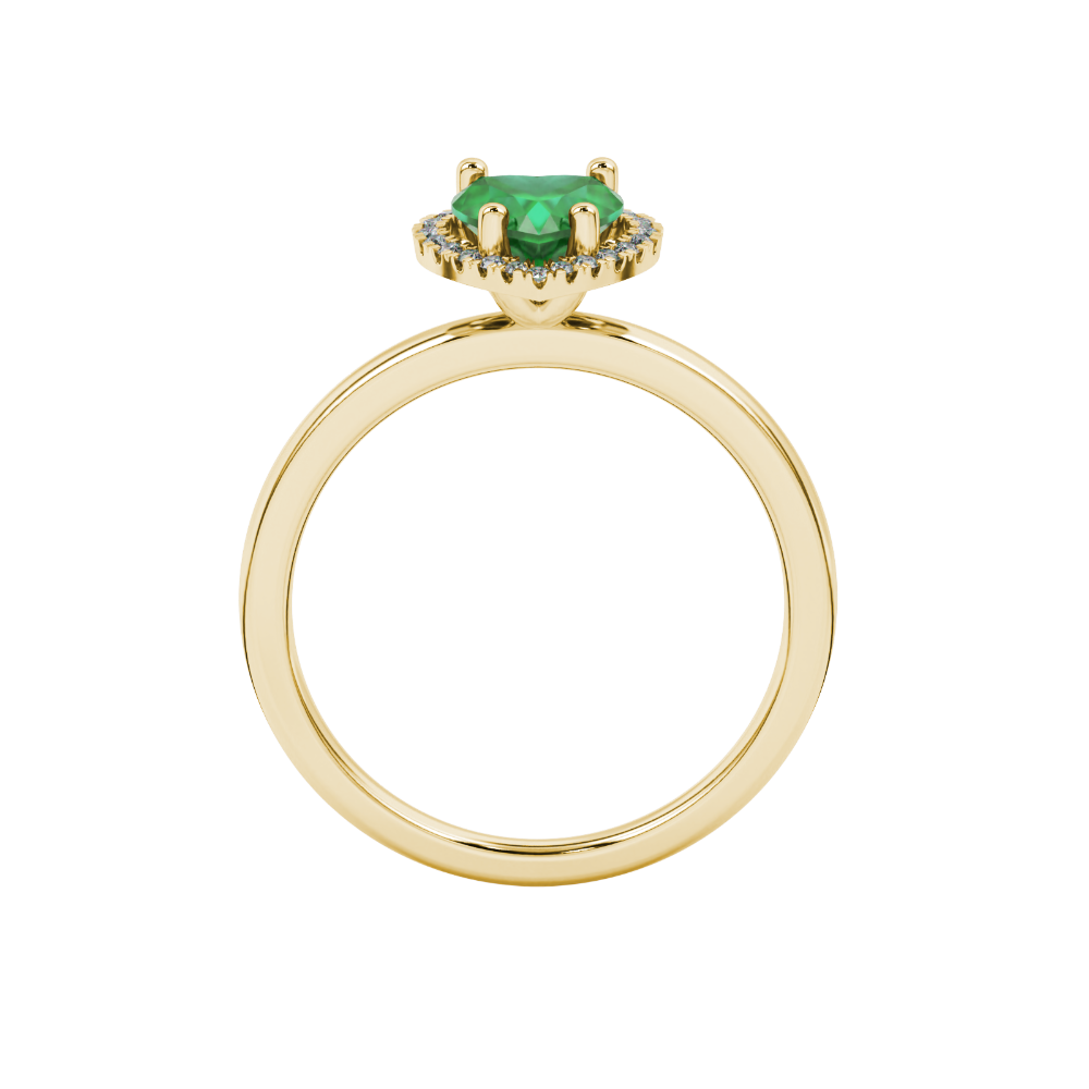Emerald Green heart cut gemstone halo ring in yellow gold