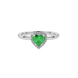 Close-up angled shot of Emerald Green heart cut halo ring in white gold on finger