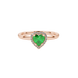 Close-up angled shot of Emerald Green heart cut halo ring in rose gold on finger