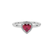 Close-up angled shot of Raspberry Red heart cut halo ring in white gold on finger