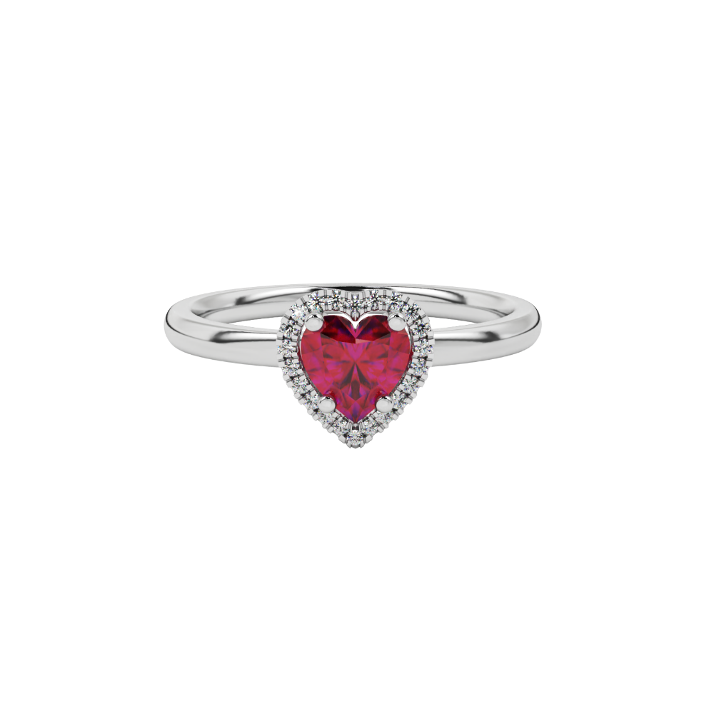 Close-up angled shot of Raspberry Red heart cut halo ring in white gold on finger
