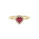 Close-up angled shot of Raspberry Red heart cut halo ring in yellow gold on finger