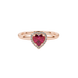 Close-up angled shot of Raspberry Red heart cut halo ring in rose gold on finger