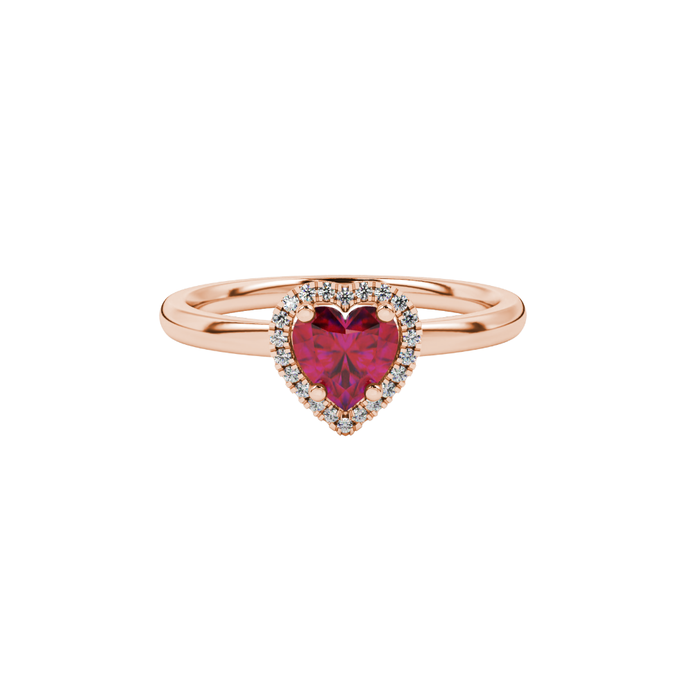Close-up angled shot of Raspberry Red heart cut halo ring in rose gold on finger